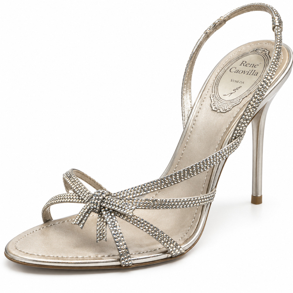 René Caovilla Silver Crystal Bow Slingback Stiletto Sandals EU 39
